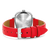 Uhr mit rotem Lederarmband und silberner Schnalle, rundes Edelstahlgehäuse