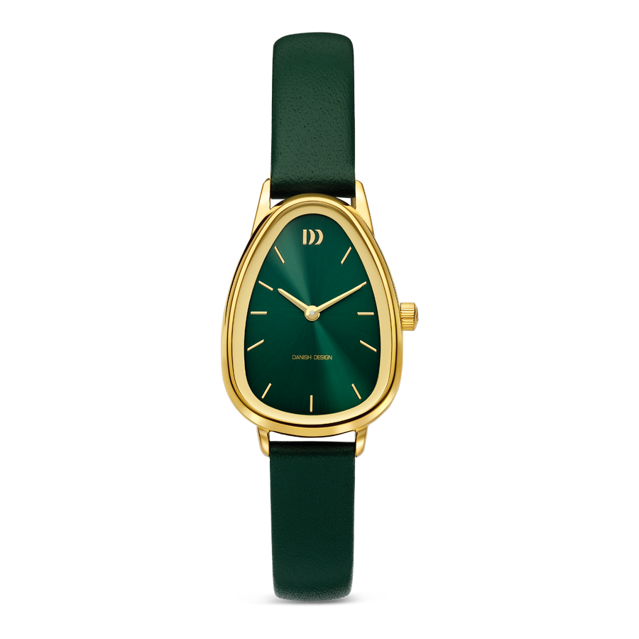 Damenuhr mit grünem Lederarmband und goldfarbenem Gehäuse, rundes Zifferblatt