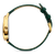 Damenuhr Seitenansicht mit goldfarbenem Gehäuse und grünem Lederarmband
