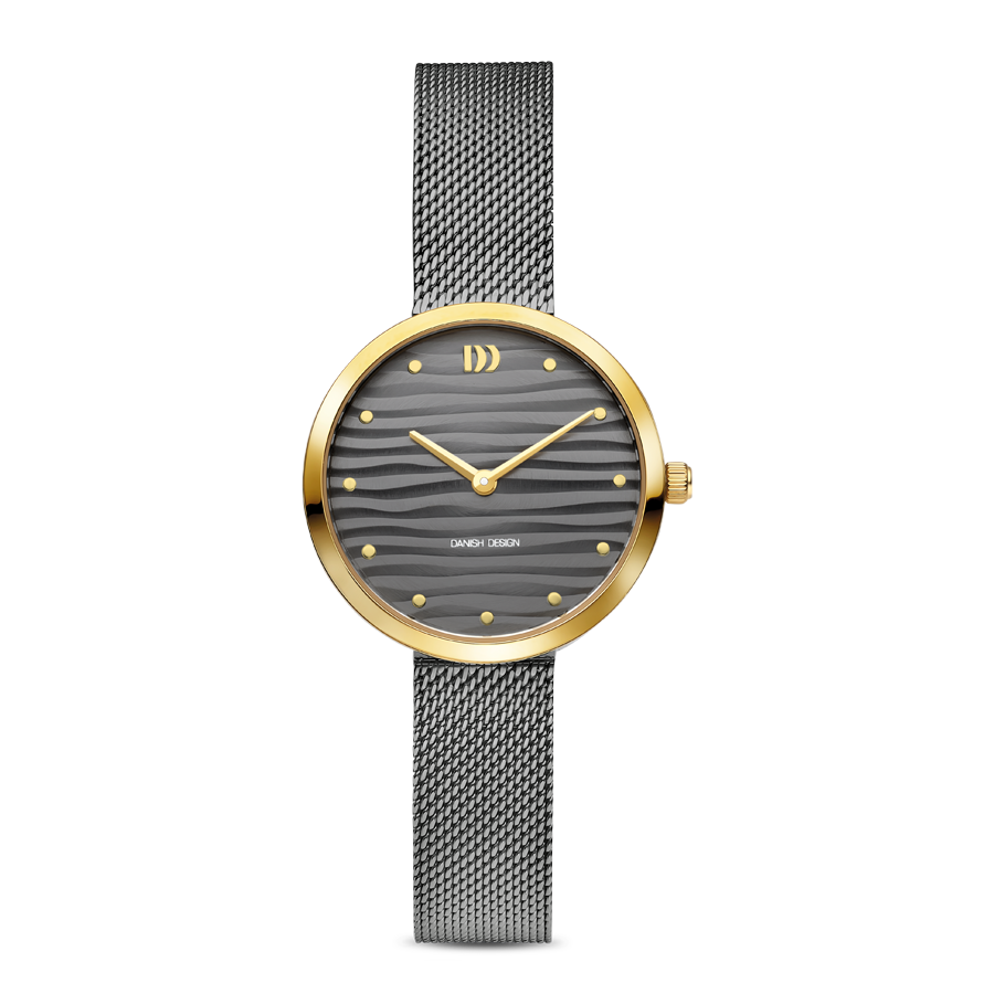 Damenuhr mit grauem Mesh-Armband und rundem Zifferblatt, goldene Lünette