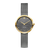 Damenuhr mit grauem Mesh-Armband und rundem Zifferblatt, goldene Lünette