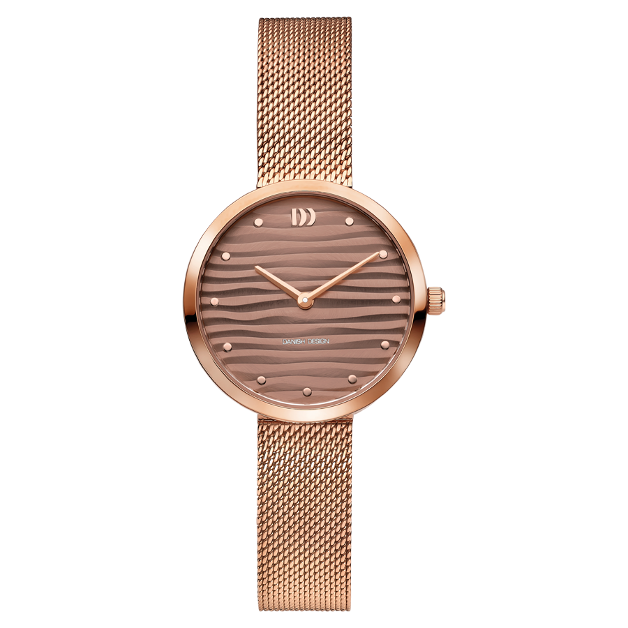 Damenuhr mit roségoldfarbenem Mesh-Armband und rundem Zifferblatt mit Wellenmuster