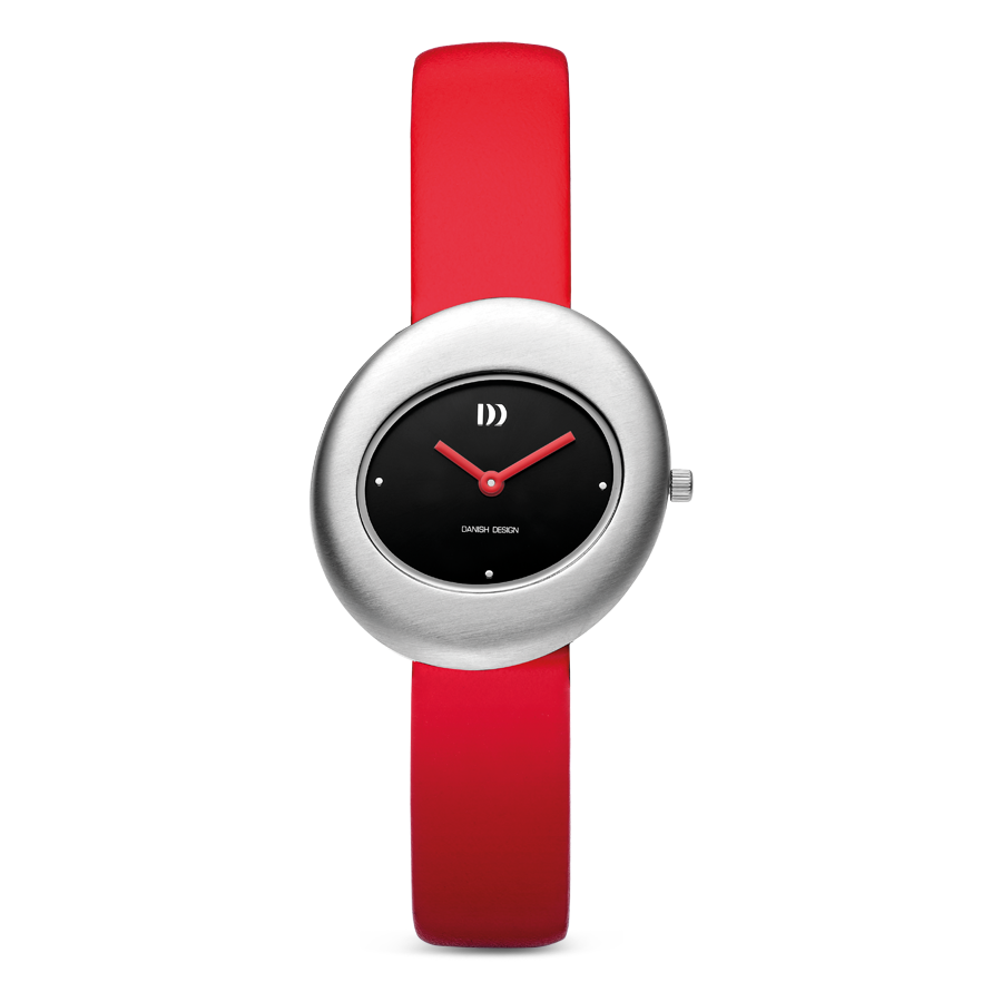 Rote Damenarmbanduhr mit rundem Edelstahlgehäuse, schwarzem Zifferblatt und Lederband