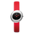 Rote Damenarmbanduhr mit rundem Edelstahlgehäuse, schwarzem Zifferblatt und Lederband