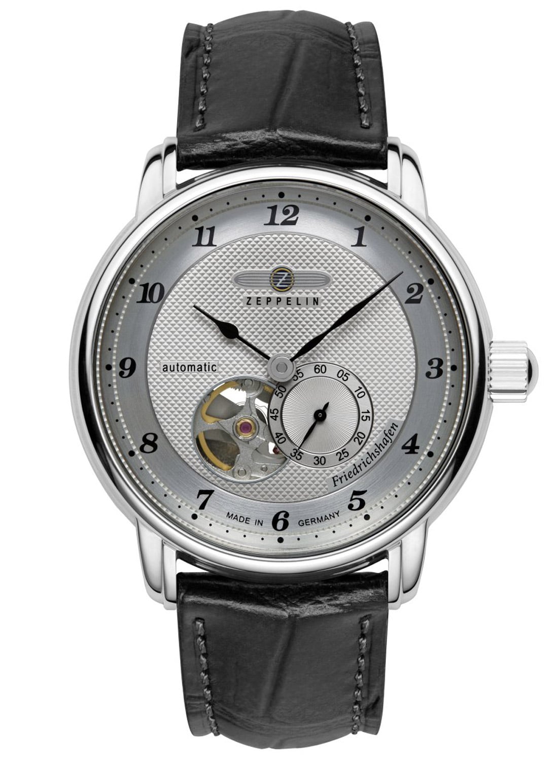 Herrenuhr mit offenem Herzen, schwarzem Lederband und silbernem Gehäuse, Automatik
