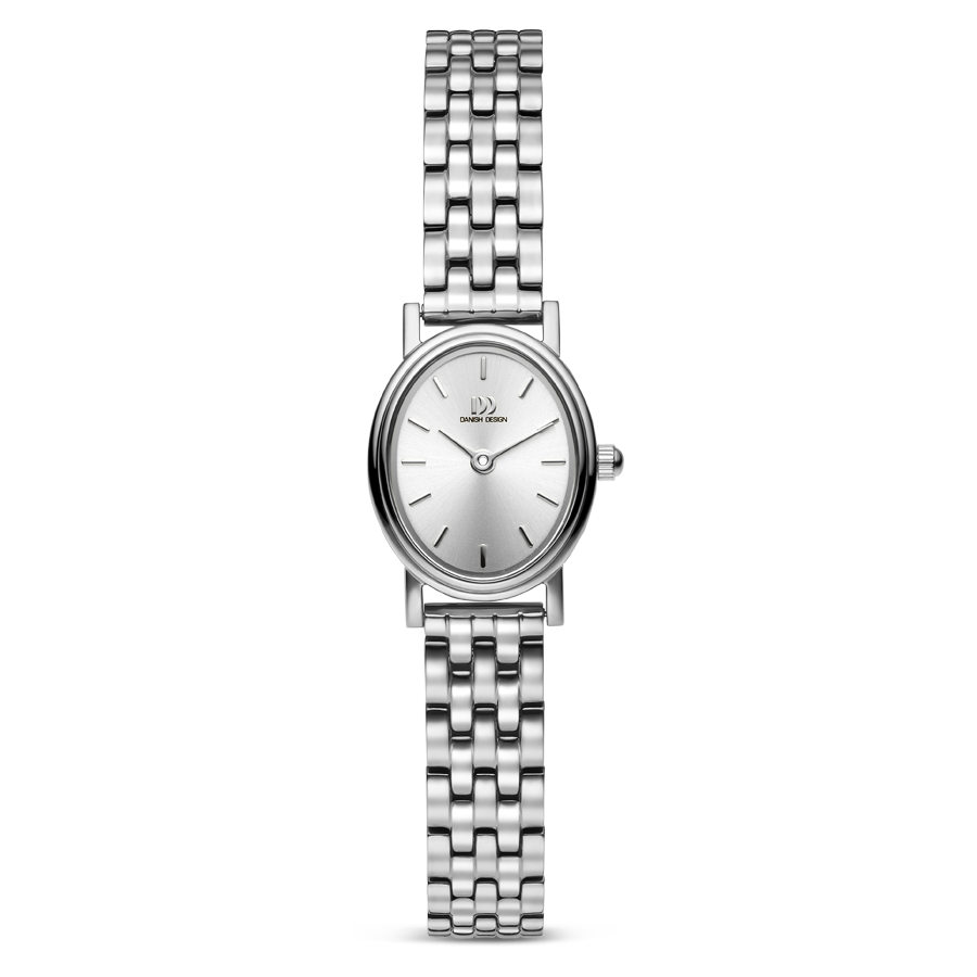 Damenarmbanduhr mit silbernem ovalem Edelstahlgehäuse und Metallgliederarmband