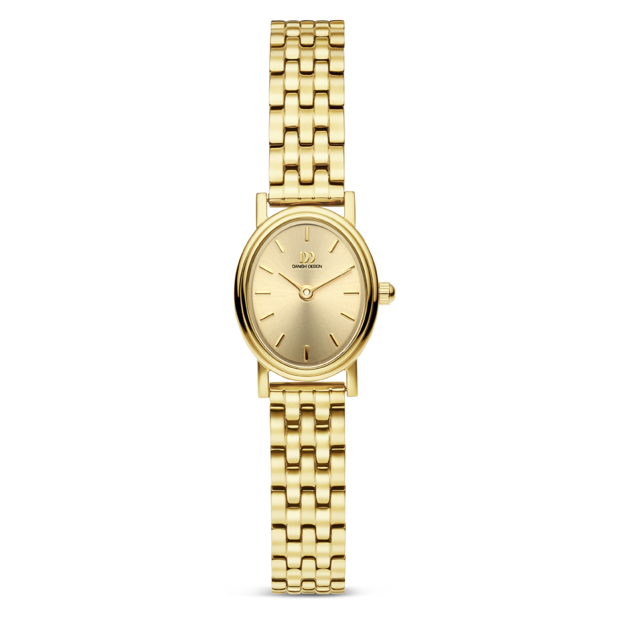 Damenuhr mit ovalem goldfarbenem Metallarmband und Zifferblatt mit Stundenmarken