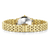 Damenuhr mit goldfarbenem Metallarmband und ovalem Glasgehäuse, seitliche Perspektive