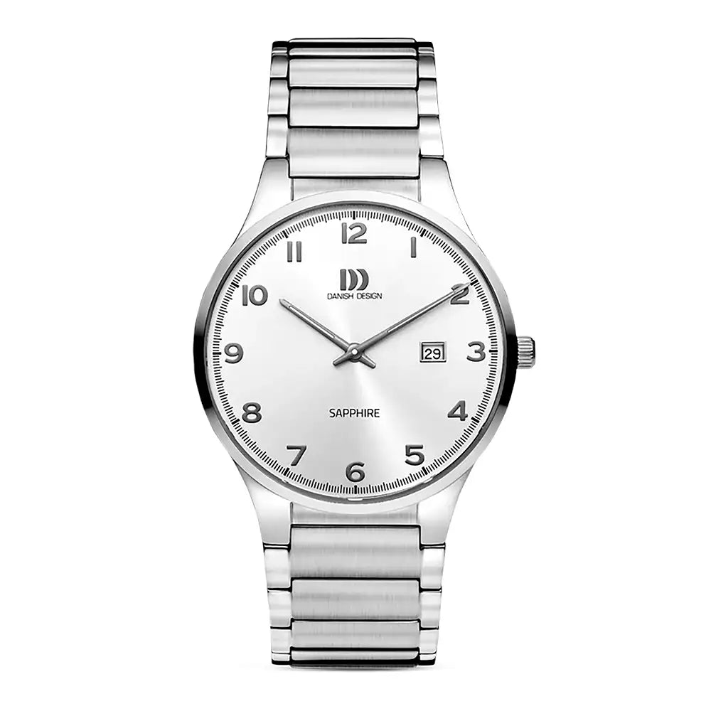 Herrenarmbanduhr Danish Design mit Saphirglas, silbernem Zifferblatt und Metallarmband