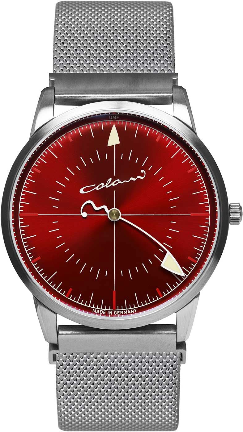 Herrenuhr mit silbernem Metallarmband und rotem Zifferblatt, Zeiger und Indexe