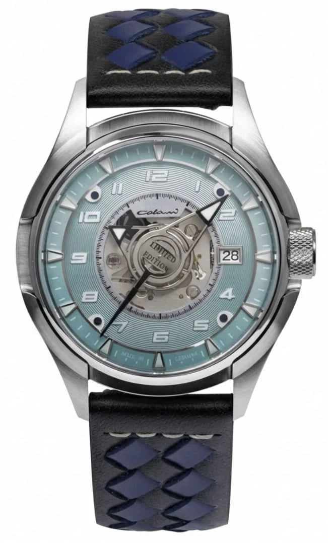 Bracelet pour homme avec boîtier rond en acier inoxydable, cadran bleu clair et bracelet en cuir noir