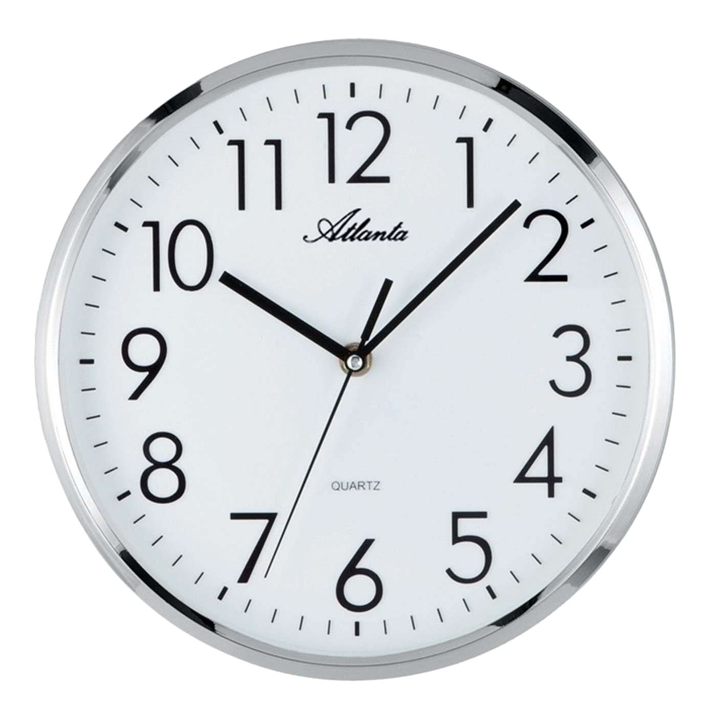 Horloge murale ronde : cadran blanc, chiffres/aiguilles noirs, cadre en plastique