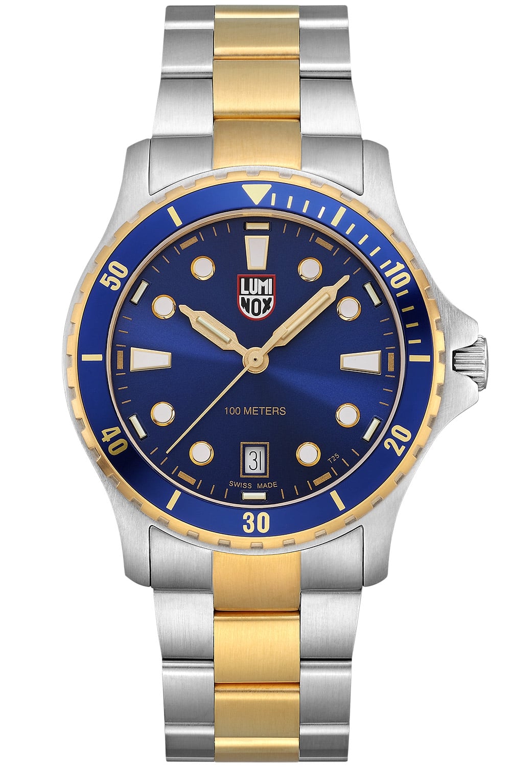 Herrenarmbanduhr mit blauem Zifferblatt, bicolor Lünette, Stahl/Goldfarben, Datum