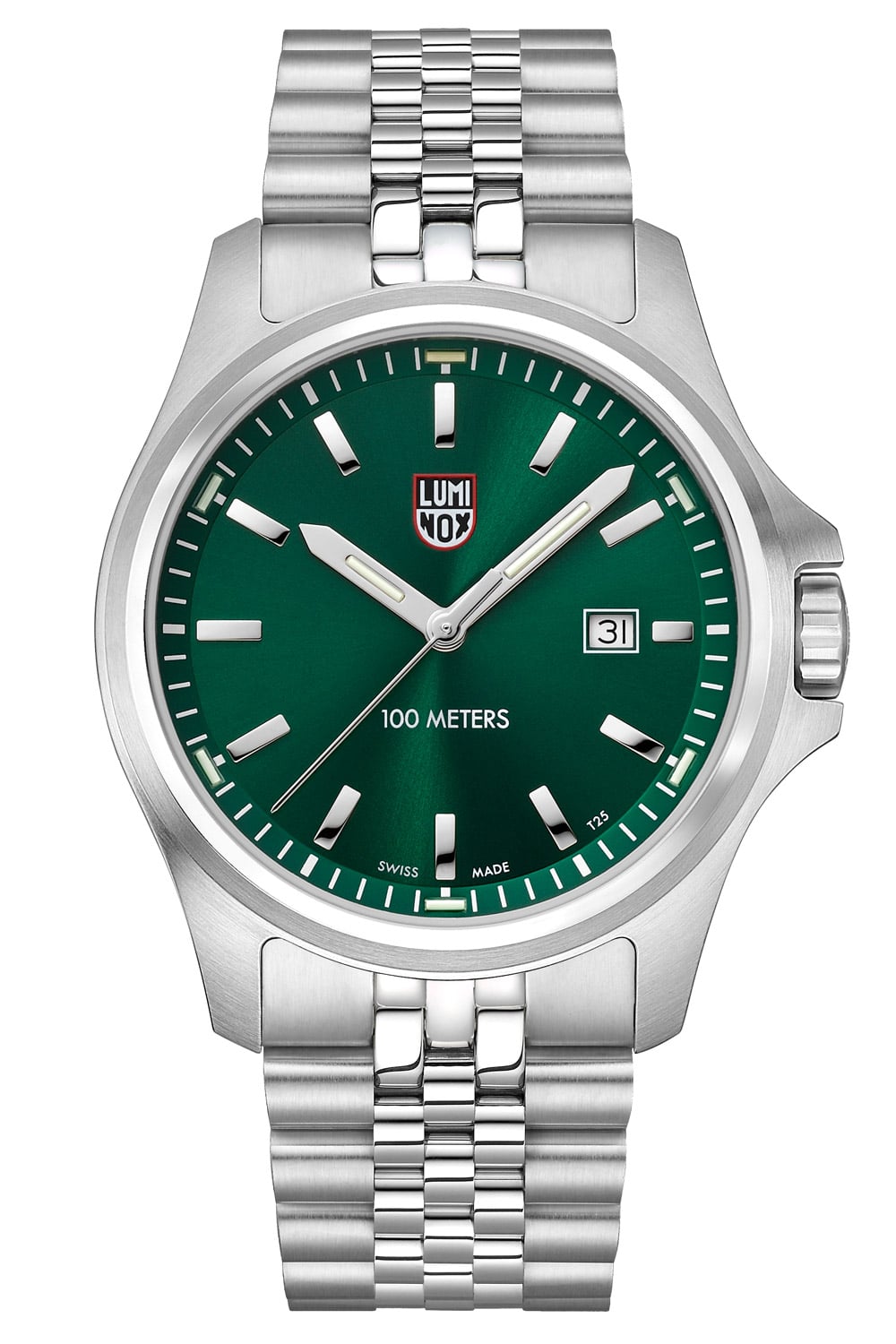 Herrenarmbanduhr mit grünem Zifferblatt, Edelstahlarmband und Datum bei 3 Uhr