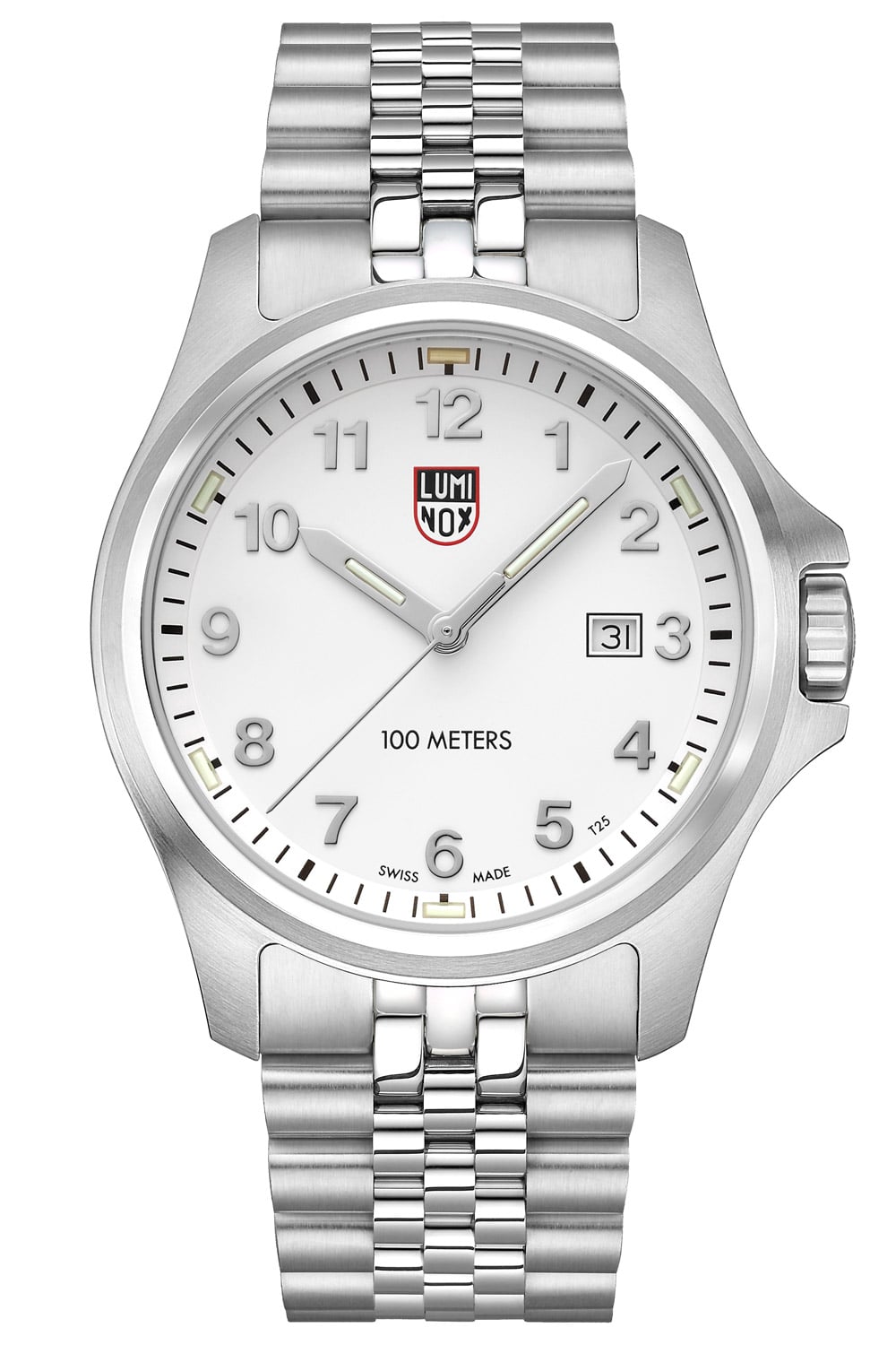 Herrenarmbanduhr Luminox Field mit silbernem Edelstahlarmband und weißem Zifferblatt