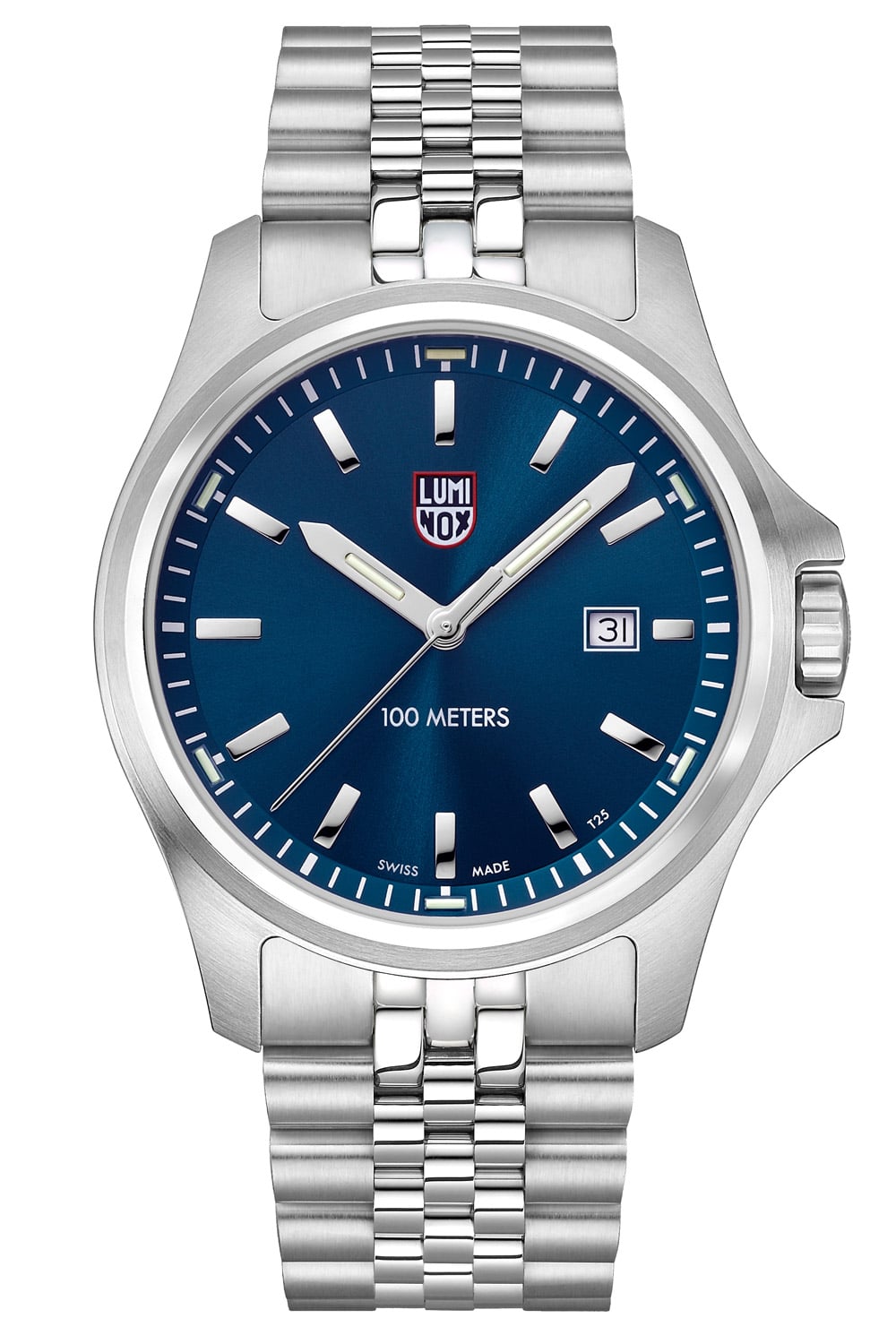 Herrenarmbanduhr mit blauem Zifferblatt, Edelstahlband und Datumsfenster bei 3 Uhr