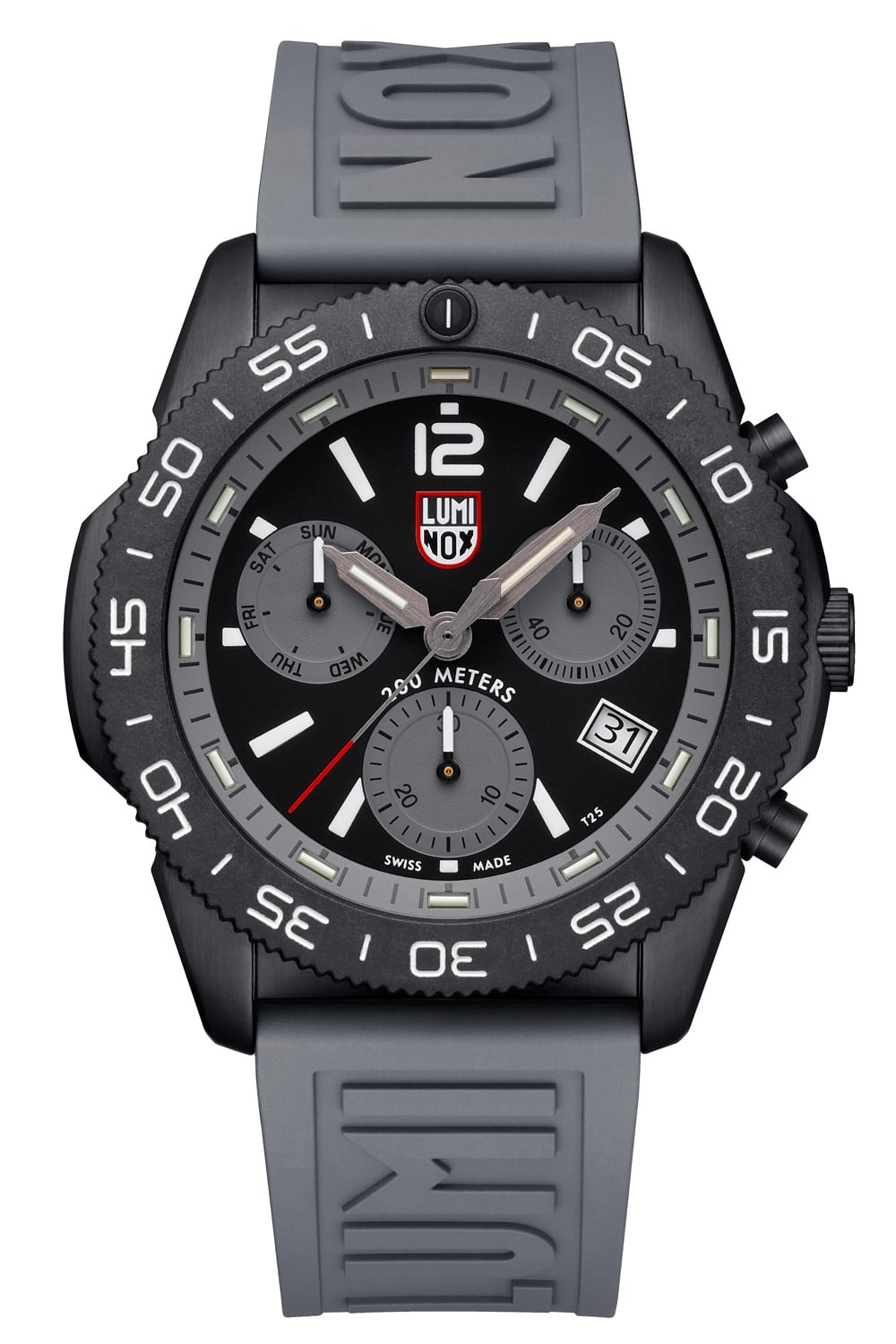 Graphitgraue Chronographen-Armbanduhr mit Saphirglas, schwarzem Zifferblatt und Leuchtmarkierungen