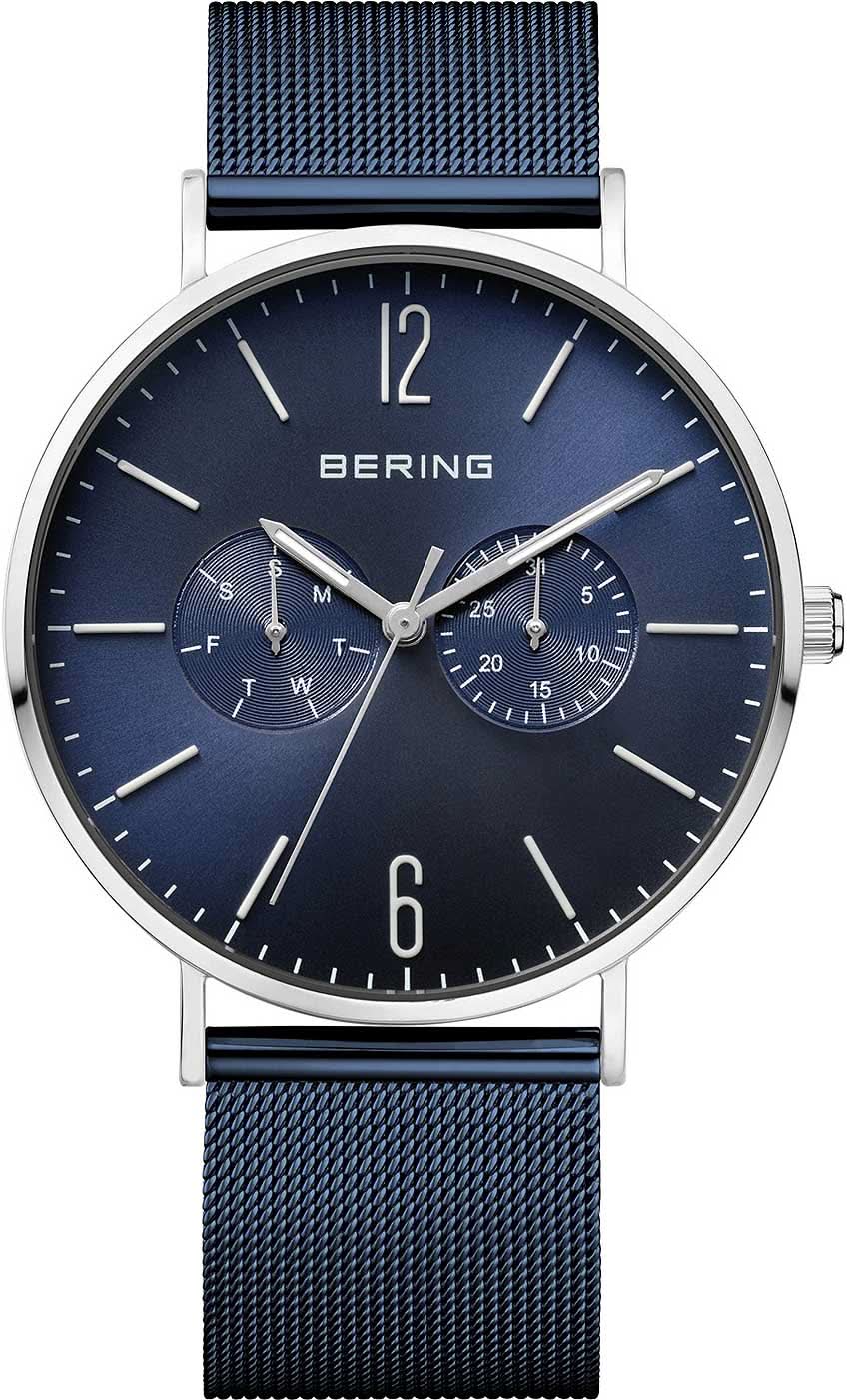 Herrenuhr: dunkelblaues Zifferblatt, Edelstahlgehäuse und blaues Milanaiseband