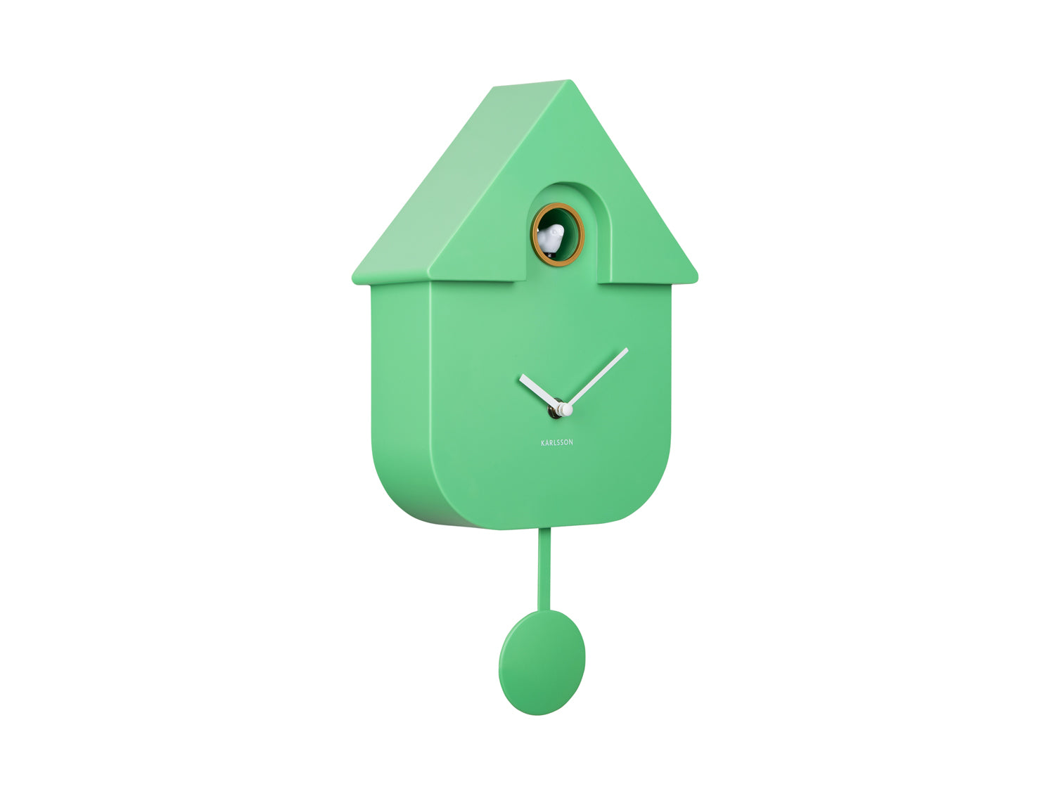 Horloge murale verte en forme de maison avec fenêtre ronde et pendule