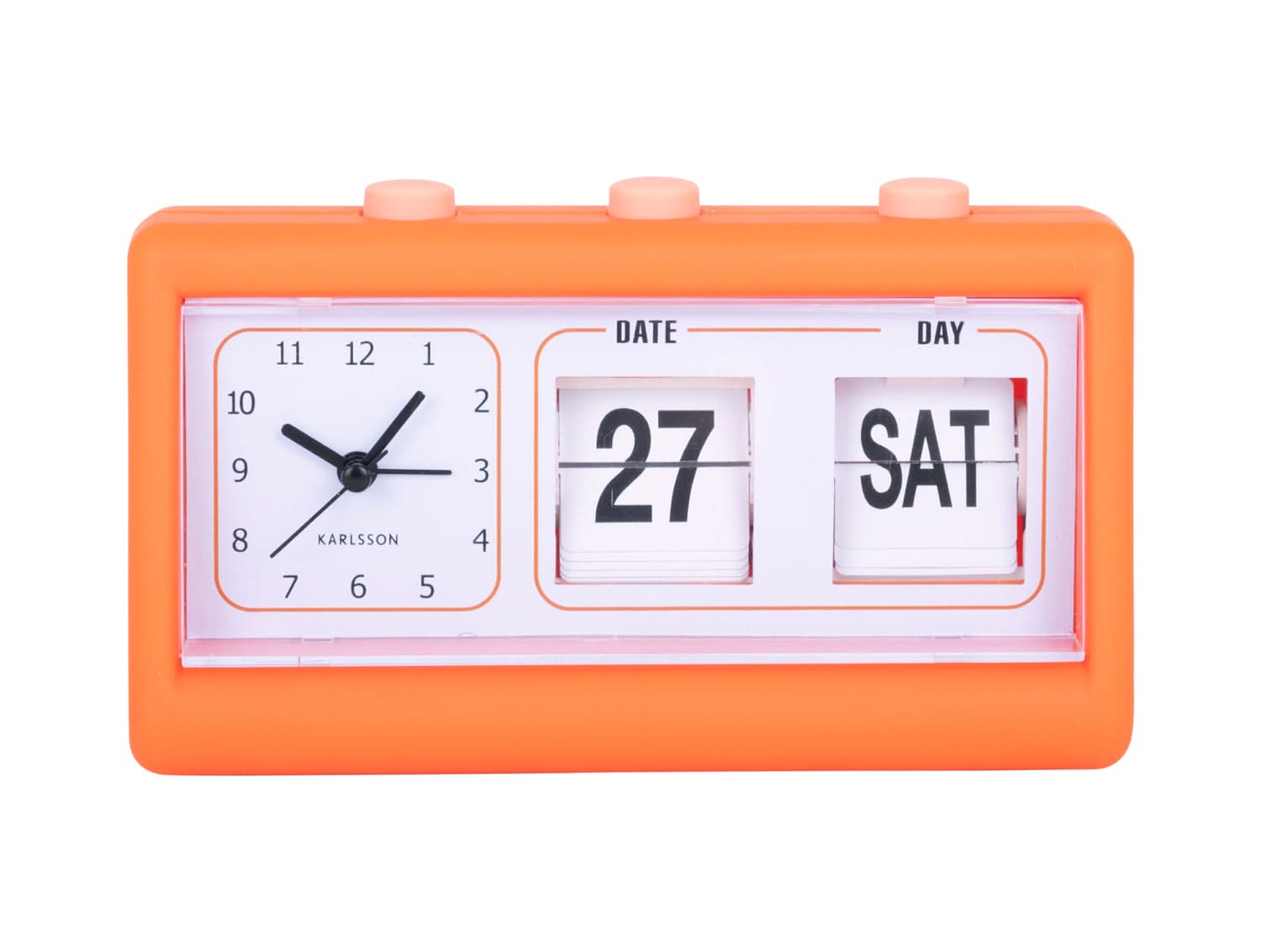 Orange väckarklocka med blädderfunktion för datum och veckodag, analoga visare