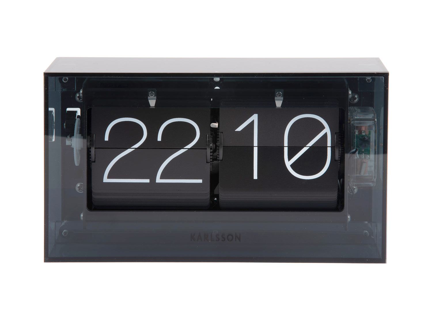 Horloge de table Karlsson avec mécanisme à chiffres basculants, design boîte noire, affichage 22/10