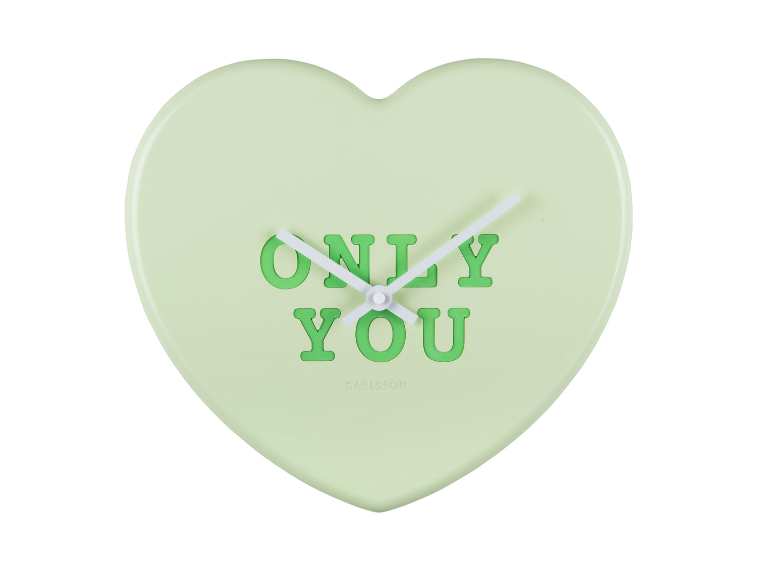 Horloge murale en forme de cœur, vert doux, avec inscription « ONLY YOU » et aiguilles