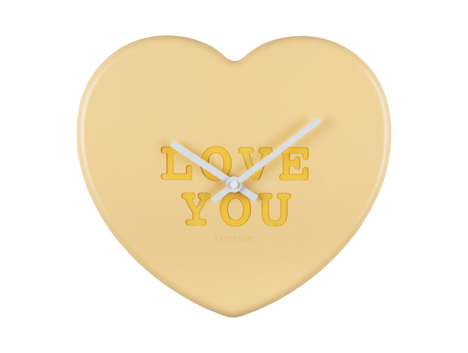Horloge murale en forme de cœur, jaune vif, avec inscription « LOVE YOU » et aiguilles