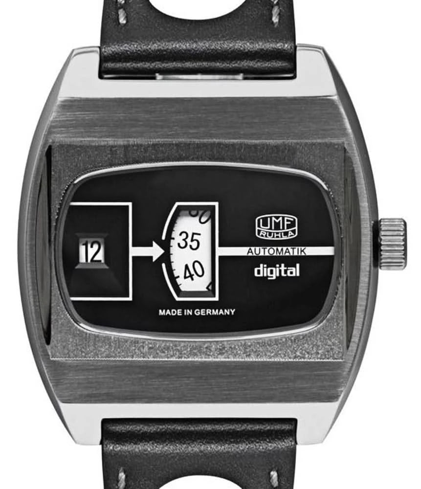 Montre homme avec cadran noir, affichage automatique et numérique, bracelet en cuir noir