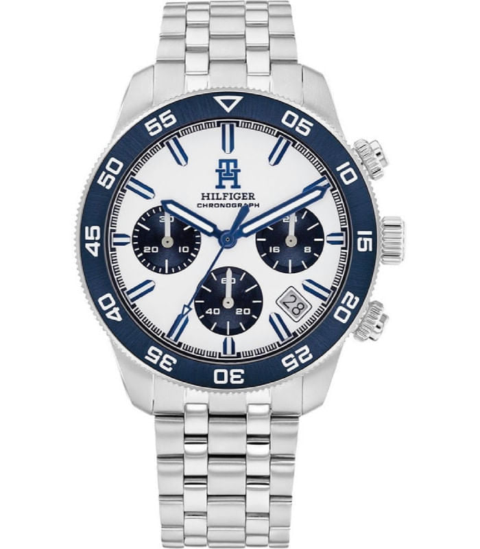 Tommy Hilfiger Herrenuhr mit Edelstahlarmband, blau-weißem Zifferblatt und Chrono-Design