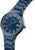 Bracelet de montre pour homme, vu de côté : cadran bleu, lunette orange, bracelet en métal