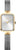 Montre femme avec cadran rectangulaire argenté, lunette plaquée or, bracelet milanais