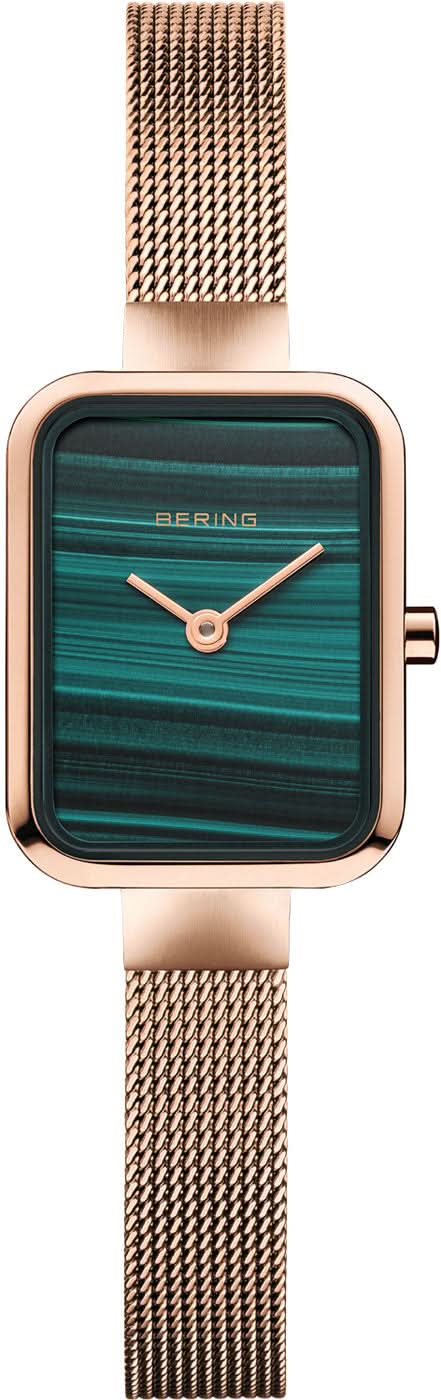 Petite Damenuhr mit quadratischem Gehäuse, grünem Zifferblatt und Mesh-Armband in Roségold