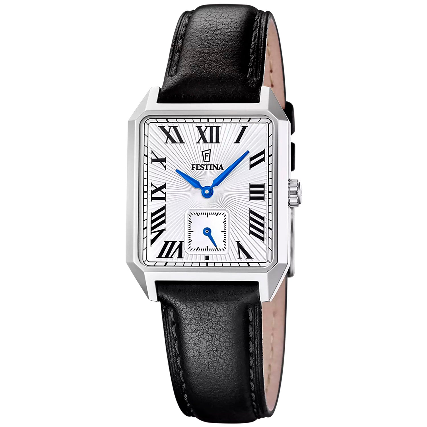 Herrenarmbanduhr von Festina mit schwarzem Lederband, silbernem Gehäuse und blauem Zeigerspiel
