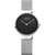 Damenuhr mit schwarzem Zifferblatt, runder Gehäuselünette und silbernem Milanaise-Armband