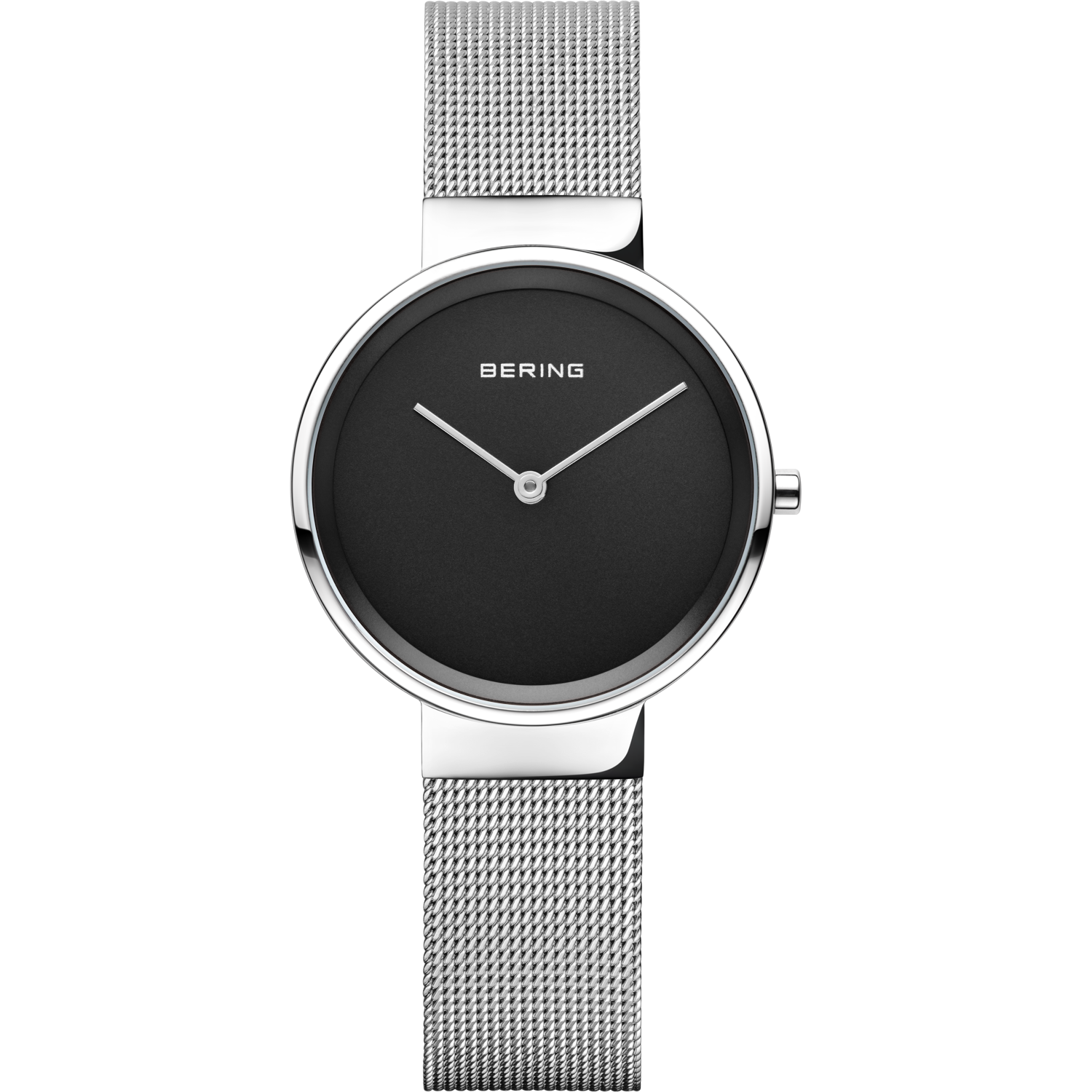 Damenuhr mit schwarzem Zifferblatt, runder Lünette und silbernem Milanaise-Armband