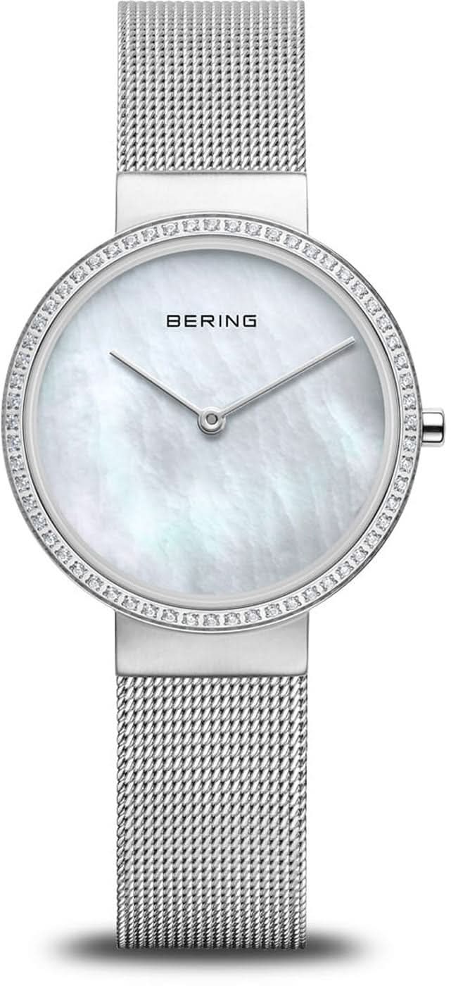 Montre pour femme avec cadran en nacre BERING, lunette en strass et bracelet en maille métallique