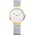 Damenuhr mit weißem Zifferblatt, goldfarbenem Gehäuse und silbernem Milanaise-Armband