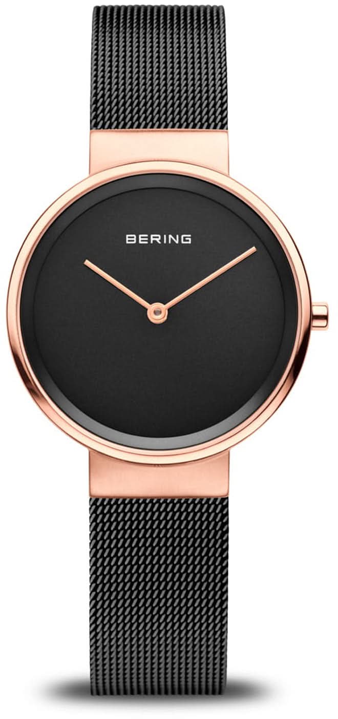 Montre pour femme avec cadran noir, boîtier or rose et bracelet milanais noir
