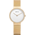 Damenuhr mit weißem Zifferblatt und Milanaise-Armband, goldfarbene Gehäusefassung mit Ziersteinen