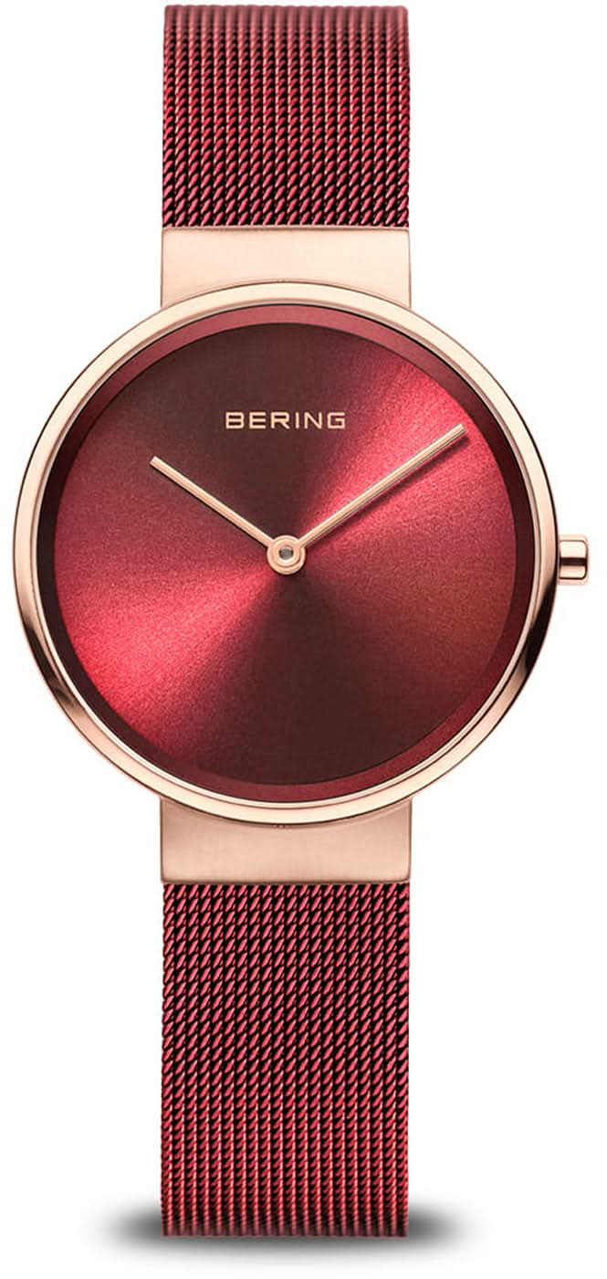 Montre Bering pour femme avec boîtier doré rose et cadran chatoyant rougeâtre, bracelet milanais