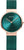 Montre Bering pour femme : bracelet milanais vert, cadran vert émeraude et lunette or rose.