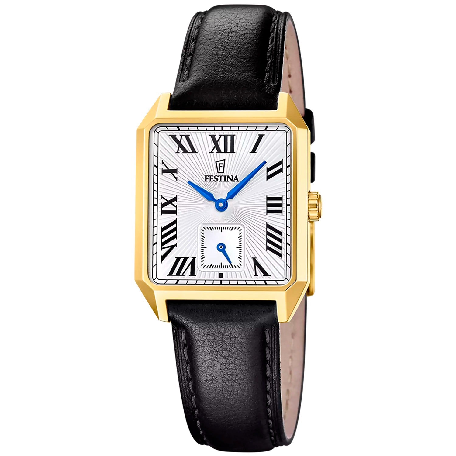 Festina Herrenuhr mit rechteckigem Zifferblatt, schwarzem Lederband und vergoldetem Gehäuse