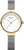 Goldfarbene Damenuhr mit weißem Zifferblatt und grauem Metallarmband im Mesh-Look
