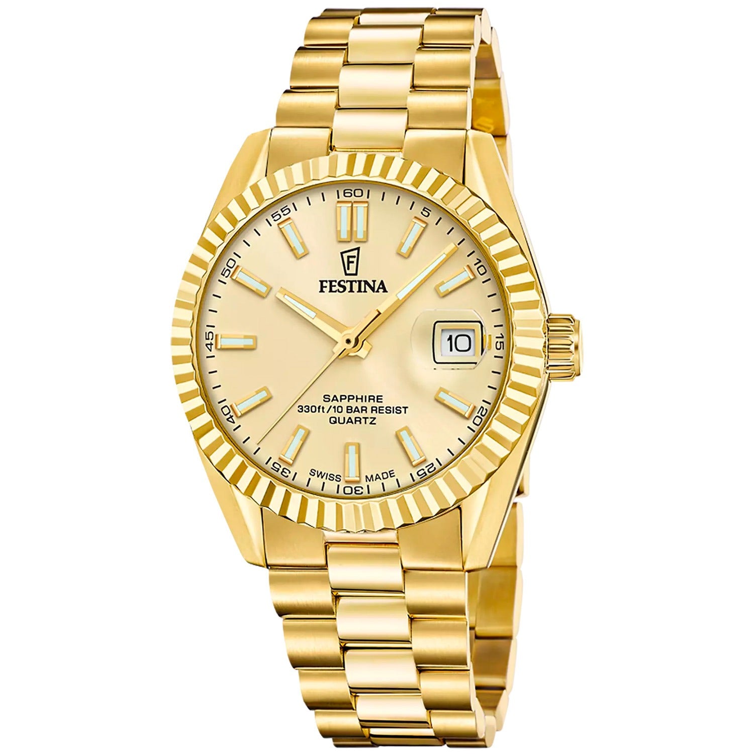 Goldfarbene Festina-Herrenuhr mit goldenem Metallarmband und weißem Zifferblatt