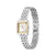 Damenarmbanduhr mit rechteckigem Zifferblatt, silbernem Edelstahlband und goldenen Akzenten