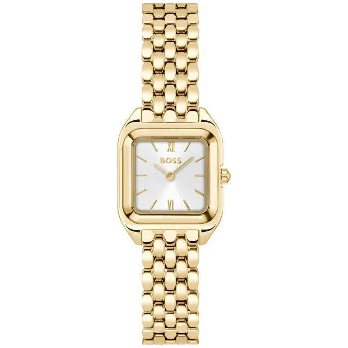 Damenarmbanduhr mit goldfarbenem Metallarmband und rechteckigem Zifferblatt