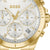 Nahaufnahme: goldfarbener Chronograph mit weißem Zifferblatt und Strichindizes