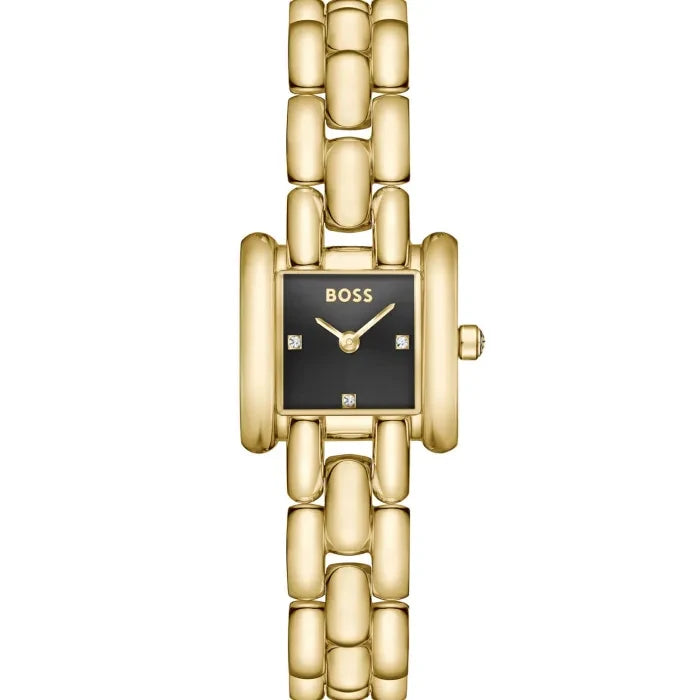 BOSS Violet Damenarmbanduhr mit quadratischem schwarzem Zifferblatt und goldfarbenem Gliederarmband