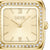 Nahansicht der BOSS Uhr: goldenes rechteckiges Zifferblatt mit römischen Ziffern und Steinreihe.