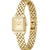 Goldfarbene BOSS Damenarmbanduhr mit rechteckigem Zifferblatt, Steinbesatz am Rand, Gliederarmband.